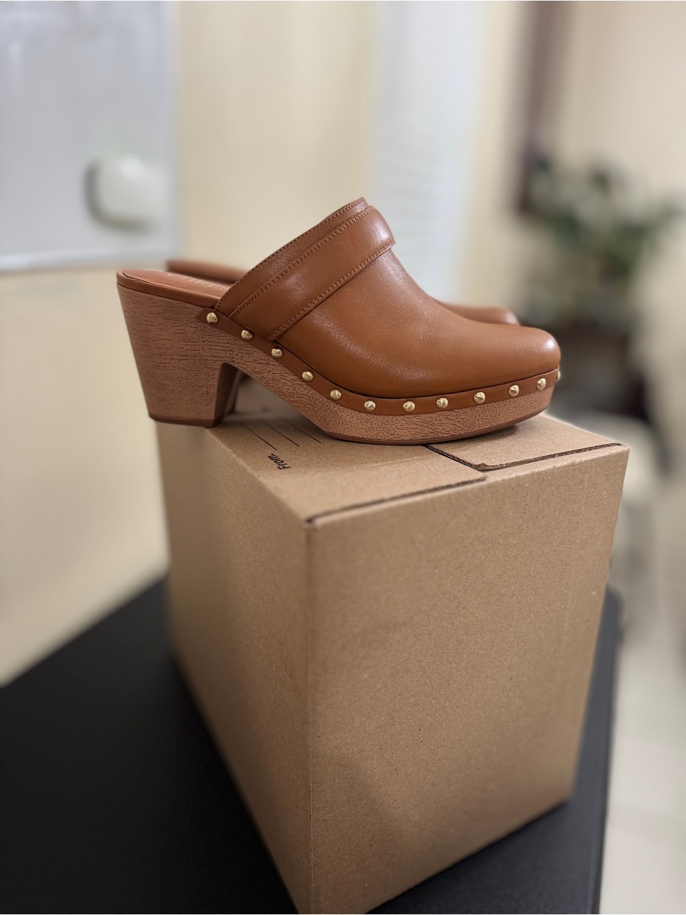 Chelsea & Violet Tan Leather Studded Platform Clogs